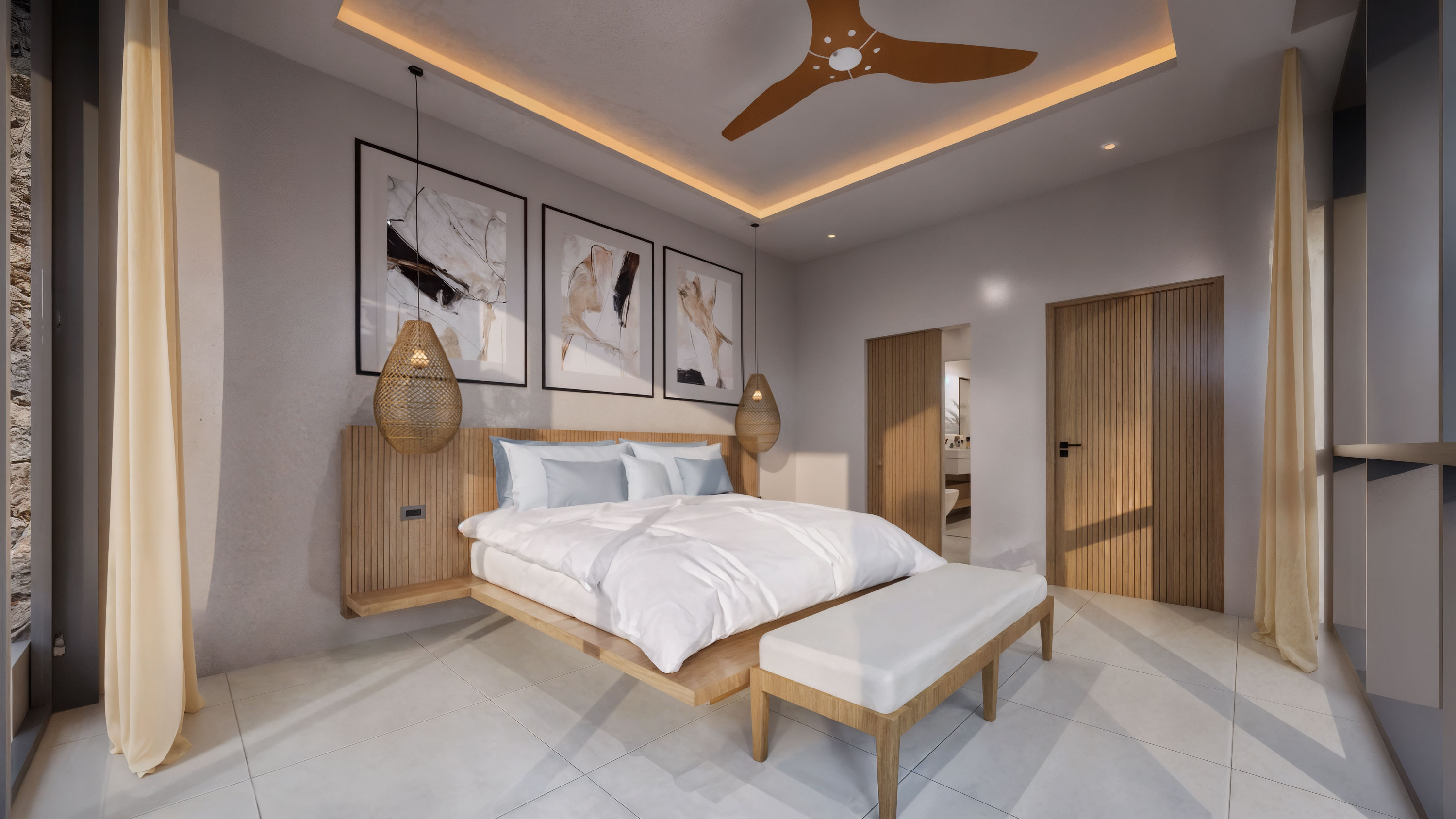 Guest bedroom with tropical curtains